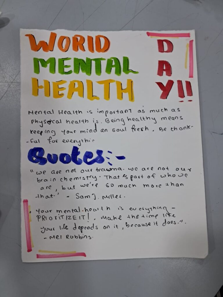 World Mental Health Day – Mental health awareness is important and our learners reflected there learning and thoughtfulness on same… Glimpses of world mental health day care.
